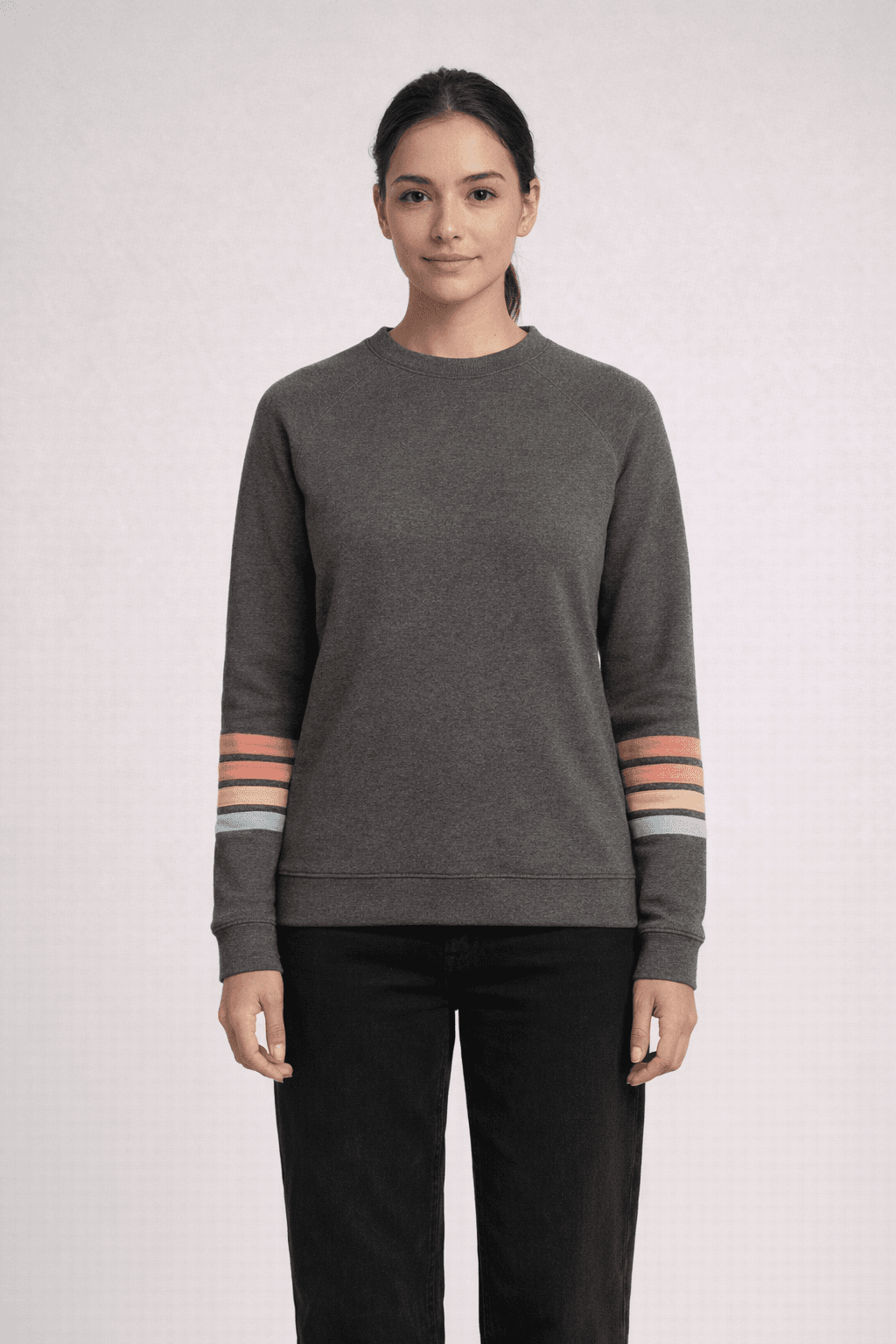 Allana Stripe Sleeve Crew - CHARCOAL